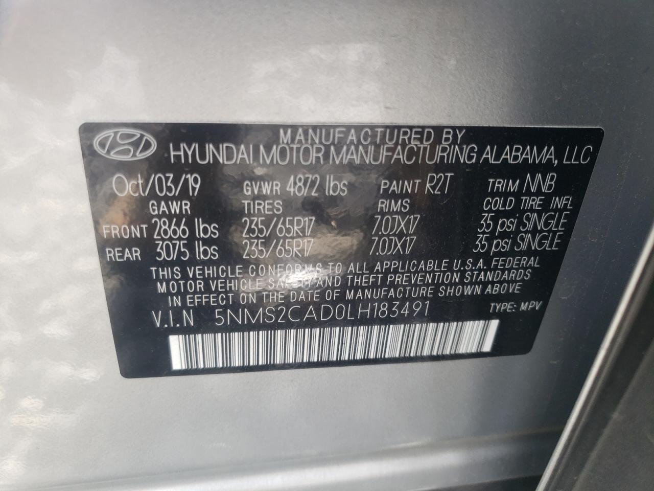 2020 Hyundai Santa Fe Se VIN: 5NMS2CAD0LH183491 Lot: 61727524