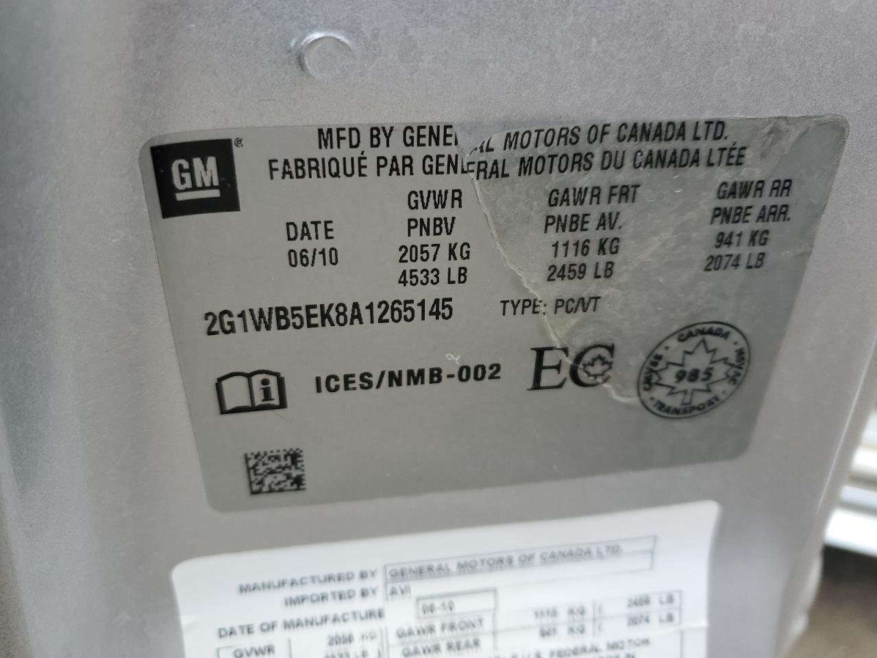 2010 Chevrolet Impala Lt VIN: 2G1WB5EK8A1265145 Lot: 64560644