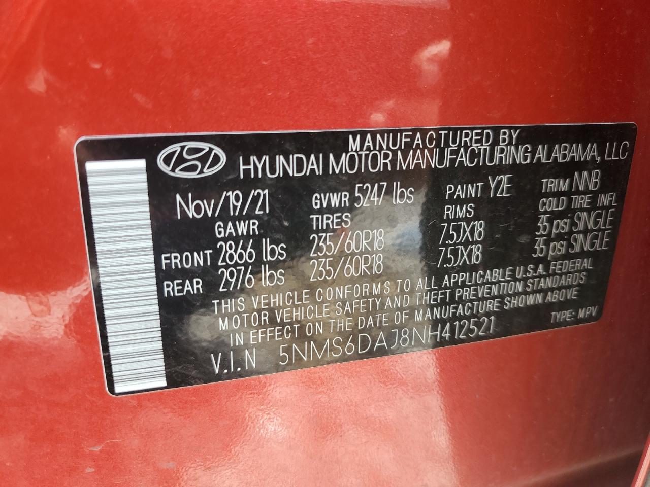 5NMS6DAJ8NH412521 2022 Hyundai Santa Fe Sel