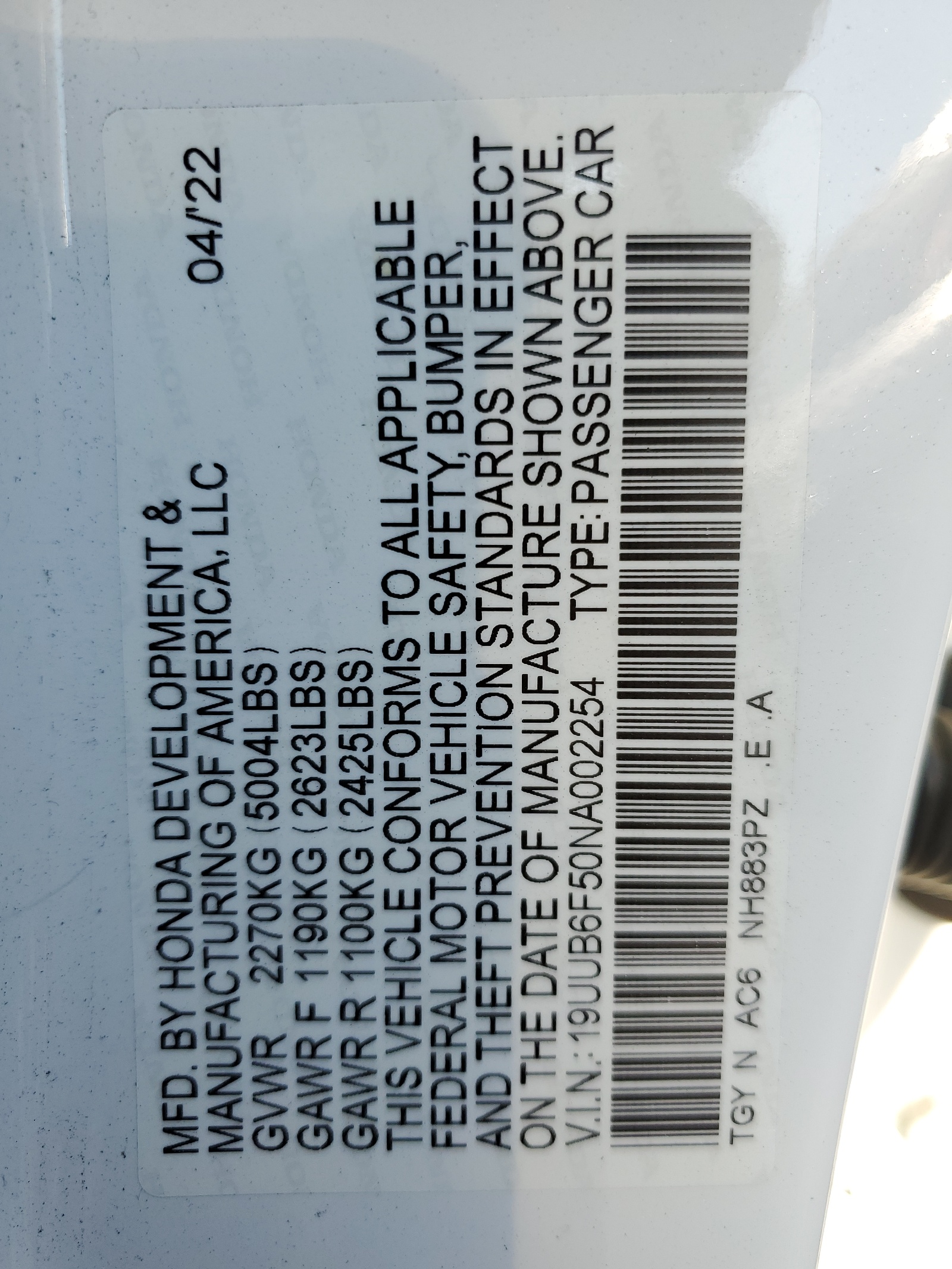 19UUB6F50NA002254 2022 Acura Tlx Tech A