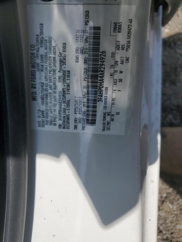 2010 Ford Fusion Se VIN: 3FAHP0HA4AR294926 Lot: 62616924