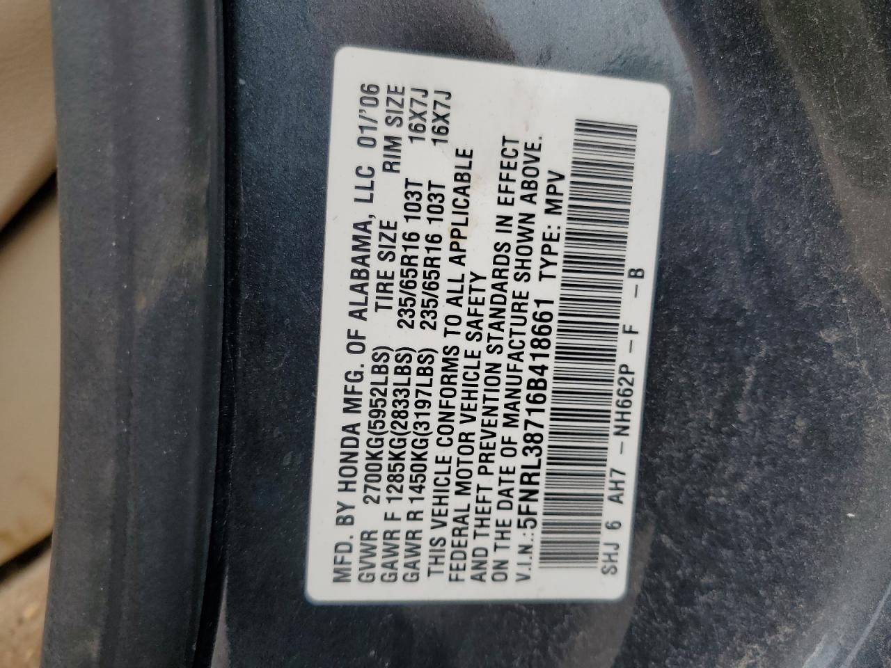 2006 Honda Odyssey Exl VIN: 5FNRL38716B418661 Lot: 64683084