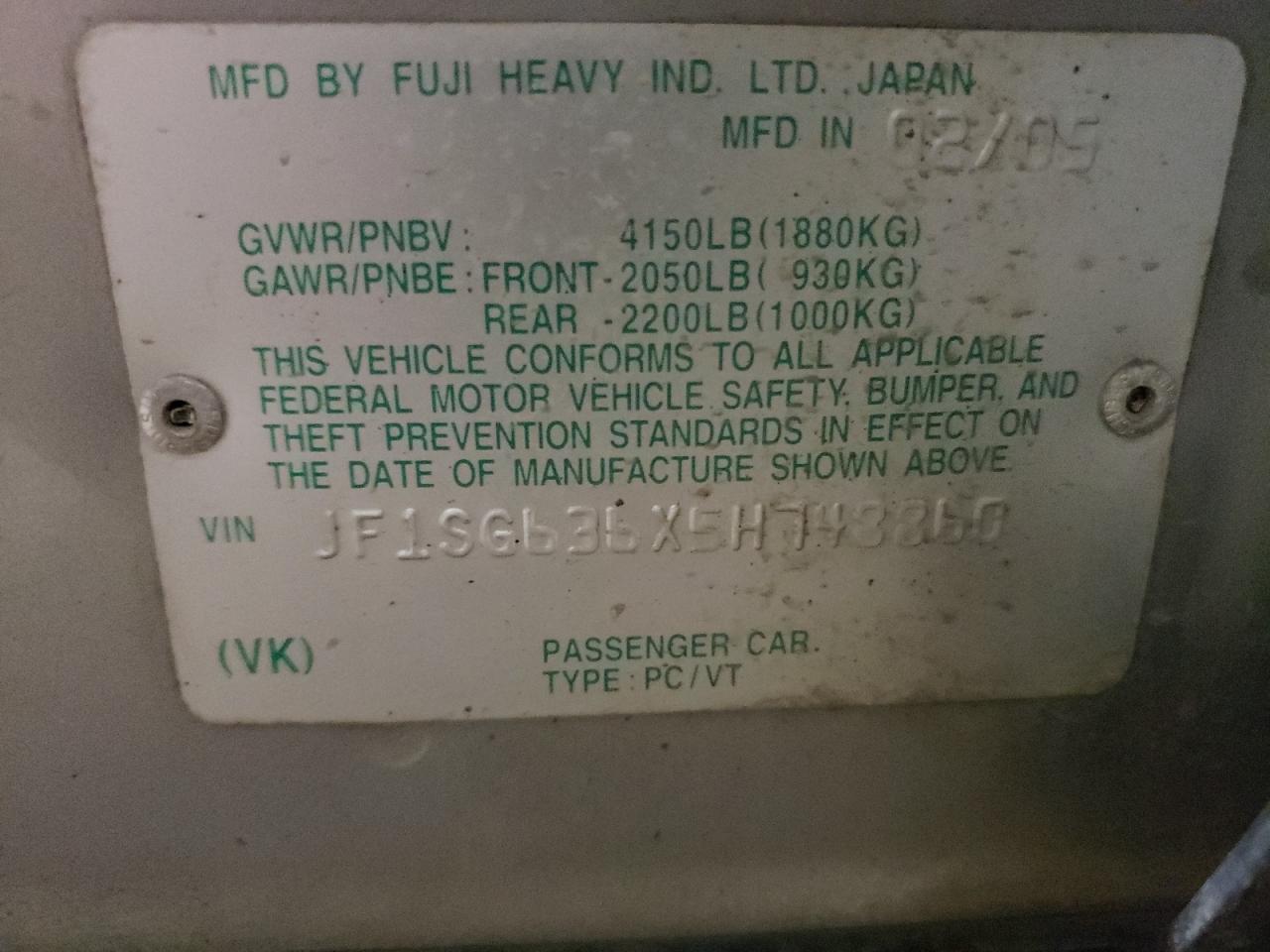 2005 Subaru Forester 2.5X VIN: JF1SG636X5H748860 Lot: 62703824