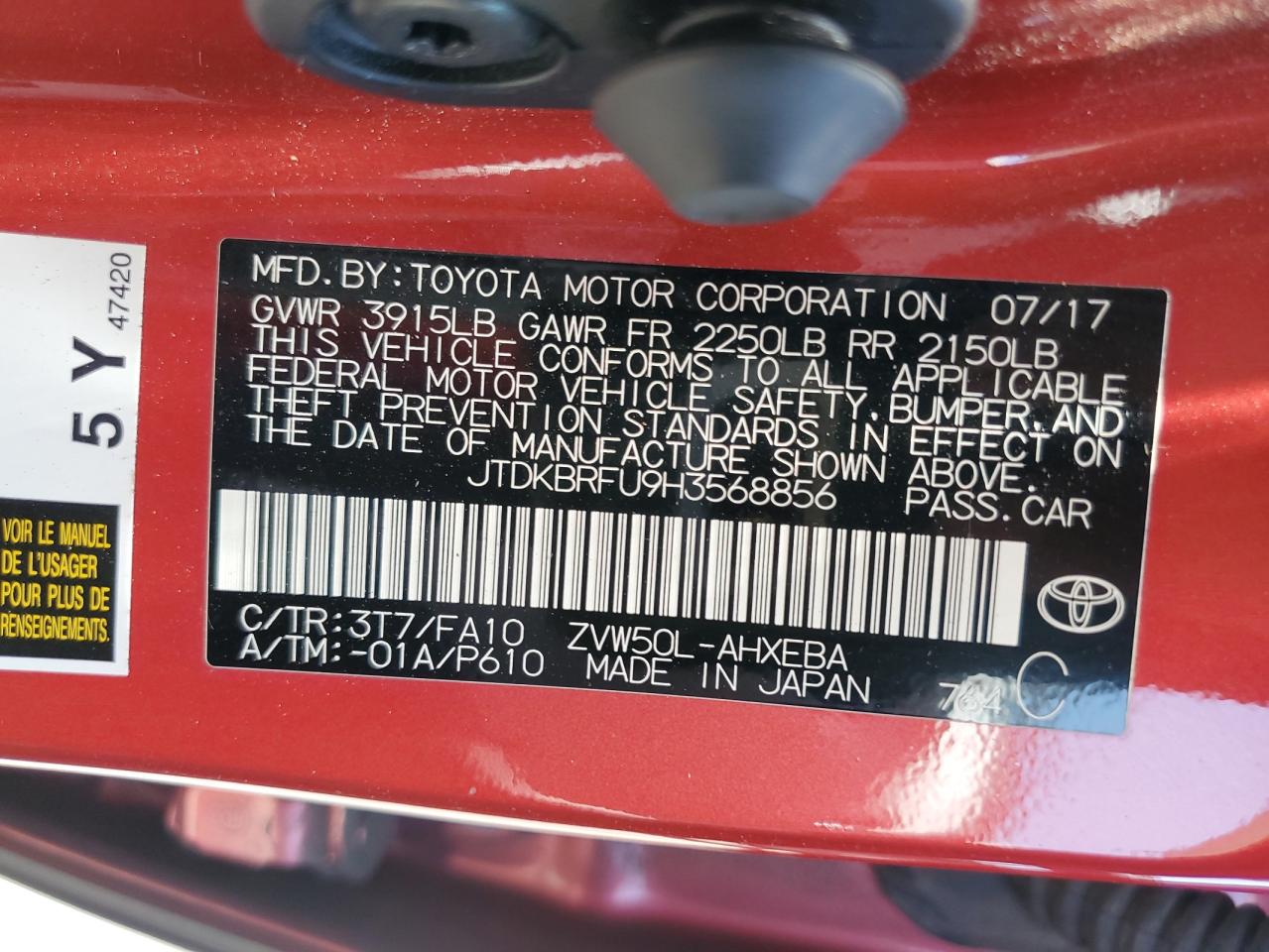 2017 Toyota Prius VIN: JTDKBRFU9H3568856 Lot: 65091064