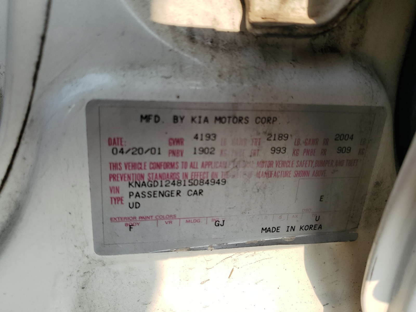 KNAGD124815084949 2001 Kia Optima Magentis