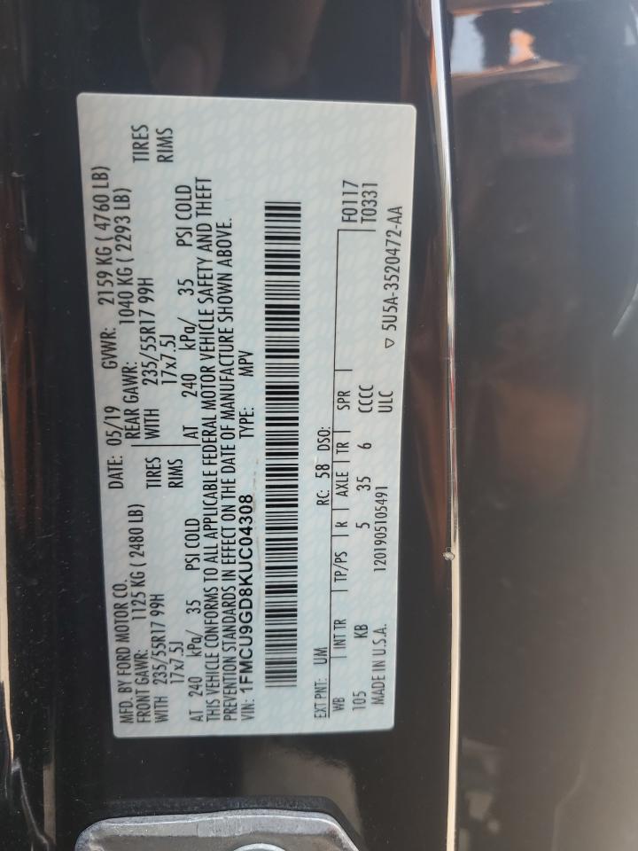 2019 Ford Escape Se VIN: 1FMCU9GD8KUC04308 Lot: 64155584