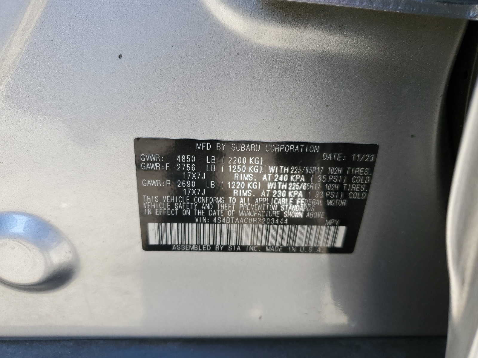 4S4BTAAC0R3203444 2024 Subaru Outback
