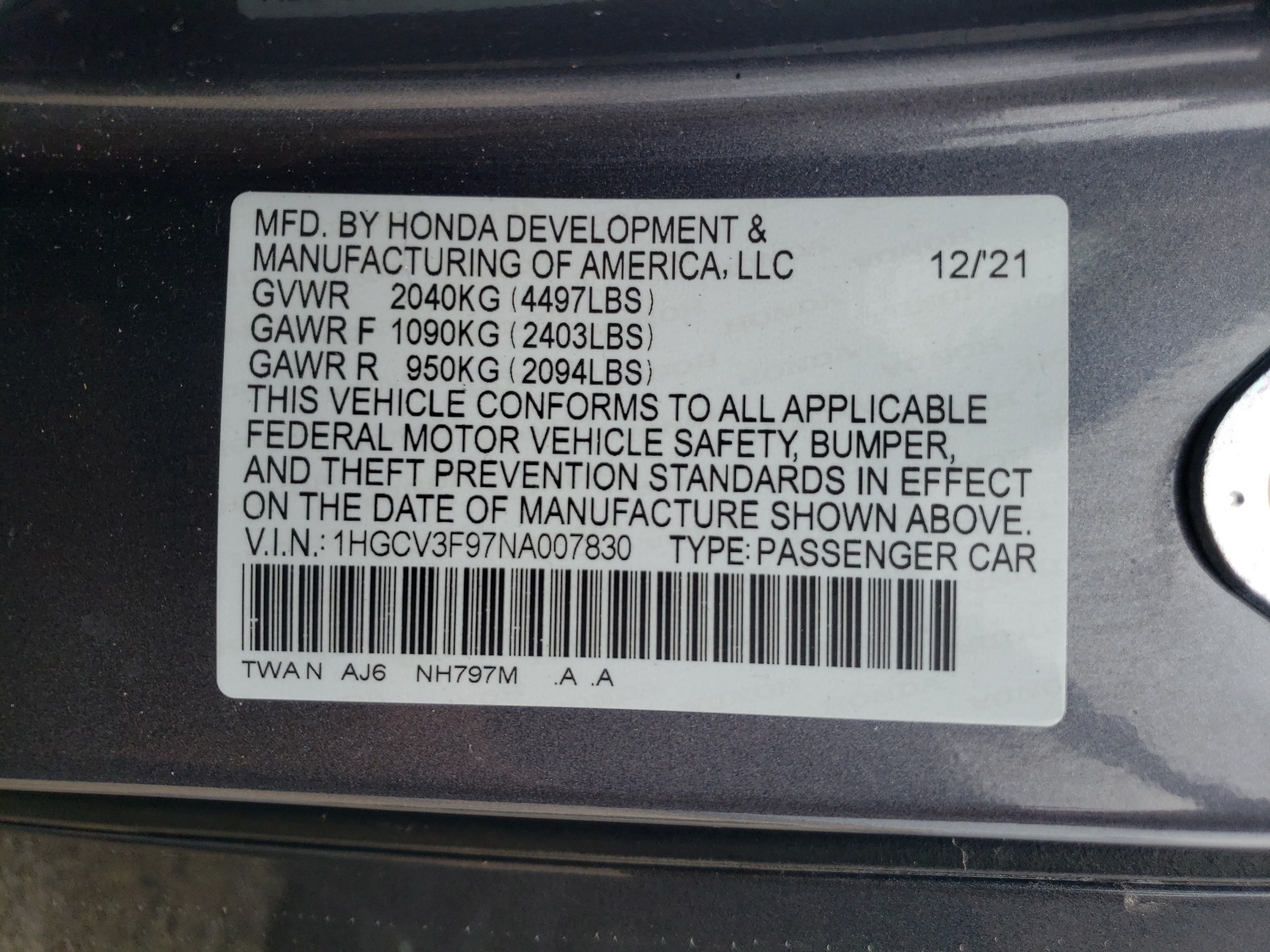 1HGCV3F97NA007830 2022 Honda Accord Touring Hybrid