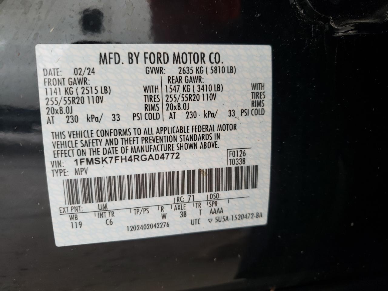 2024 Ford Explorer Limited VIN: 1FMSK7FH4RGA04772 Lot: 64978304