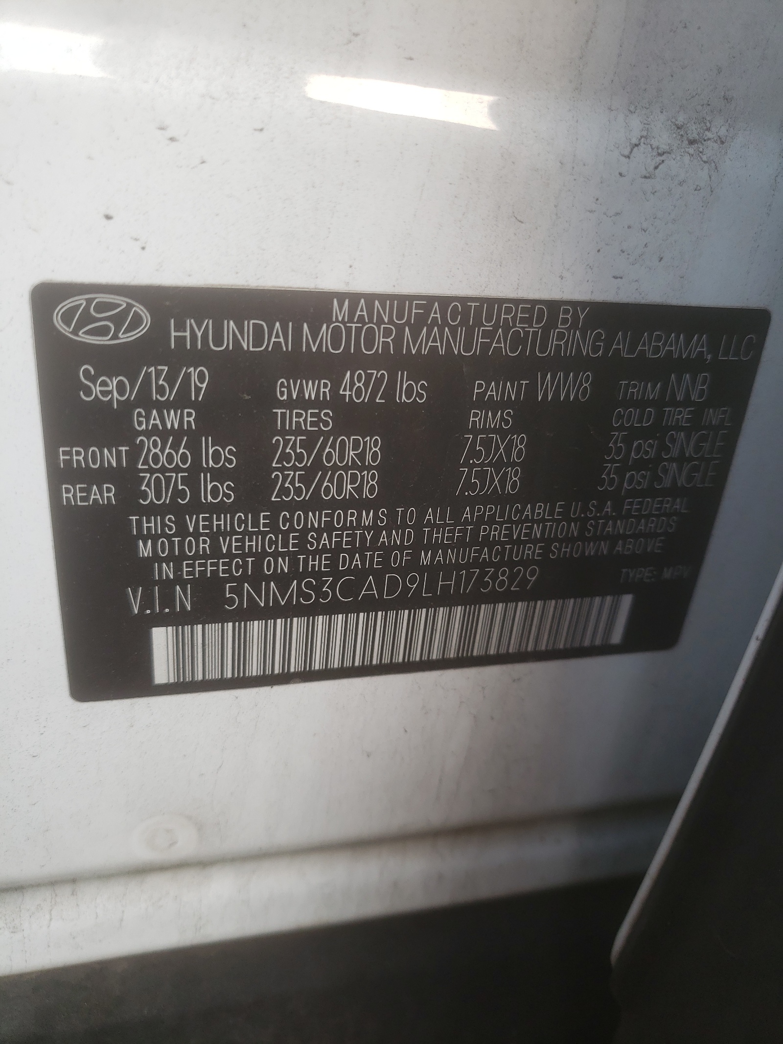 5NMS3CAD9LH173829 2020 Hyundai Santa Fe Sel
