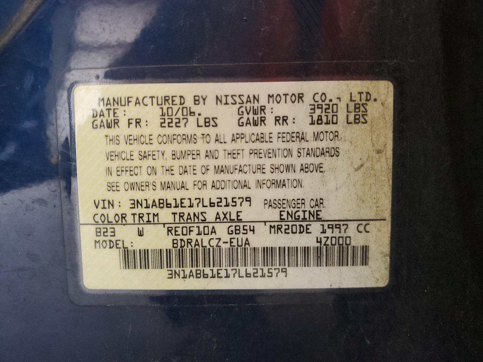 3N1AB61E17L621579 2007 Nissan Sentra 2.0