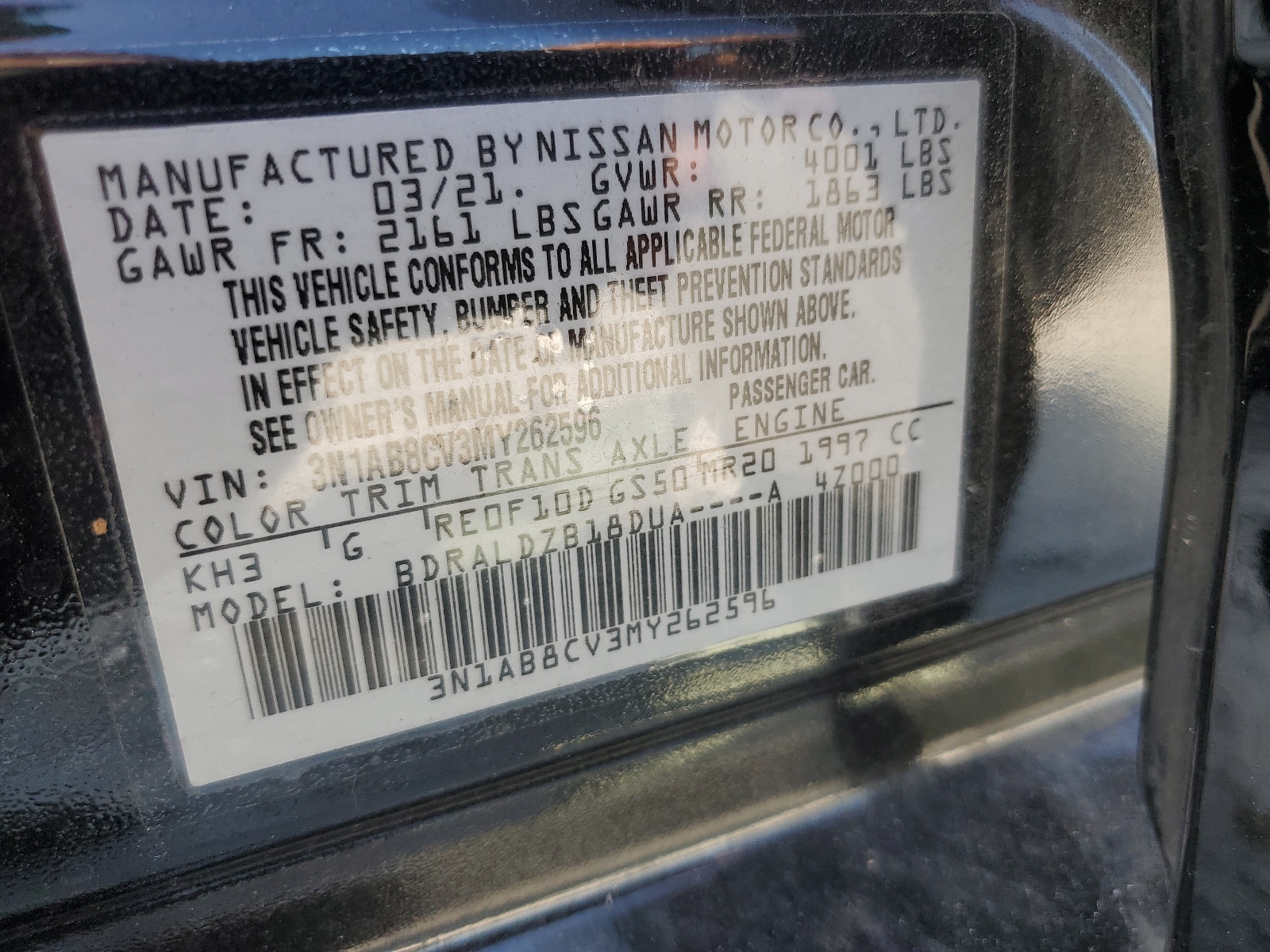 3N1AB8CV3MY262596 2021 Nissan Sentra Sv