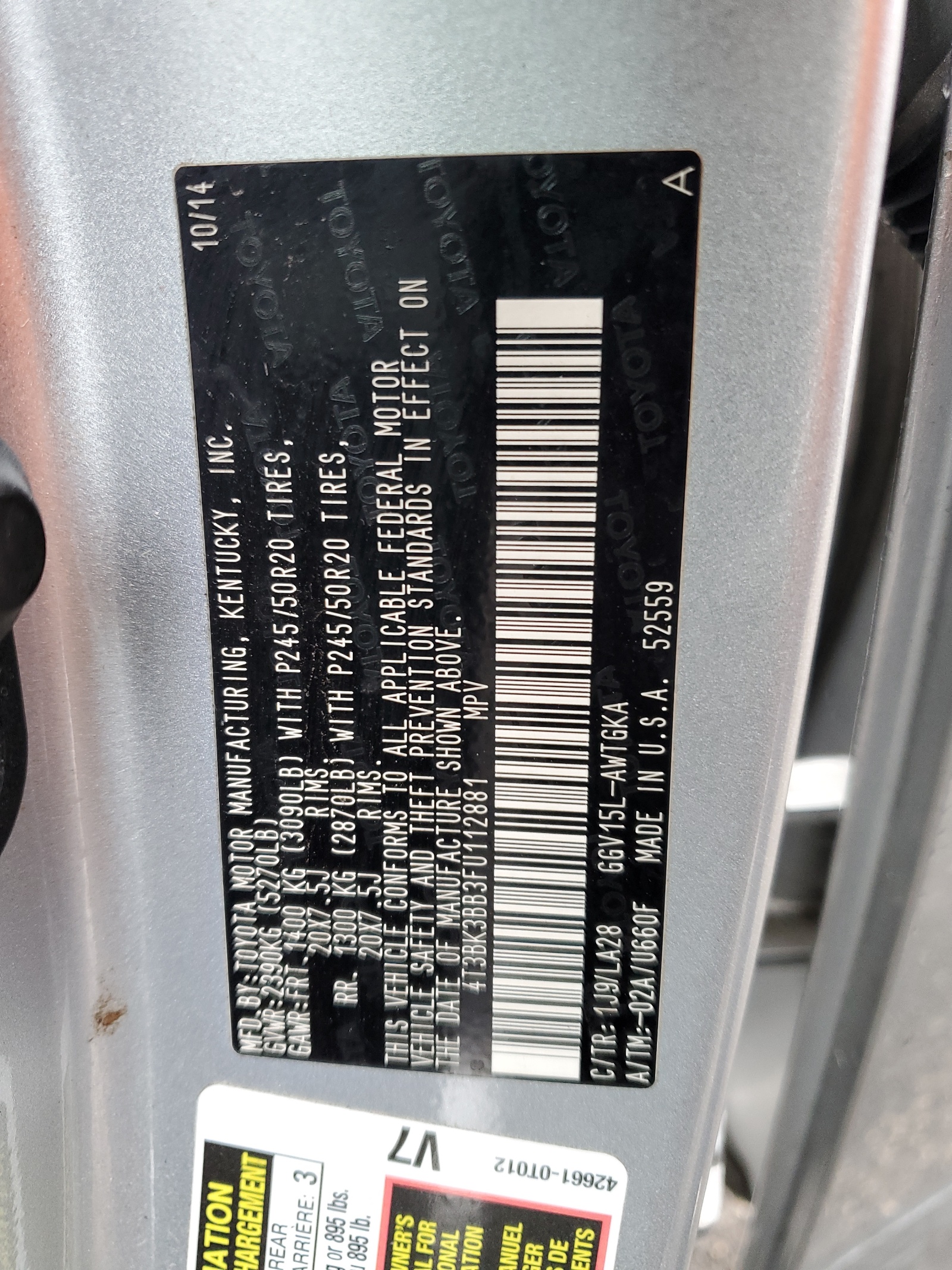 4T3BK3BB3FU112881 2015 Toyota Venza Le