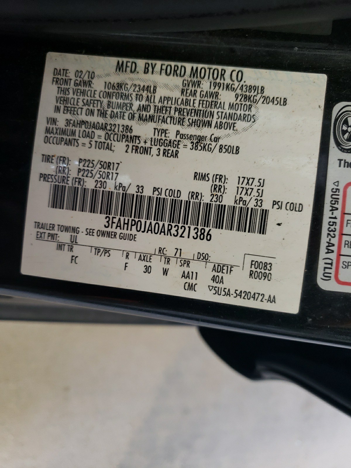 3FAHP0JA0AR321386 2010 Ford Fusion Sel