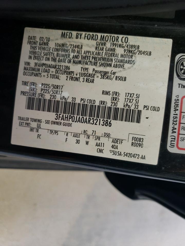 2010 Ford Fusion Sel VIN: 3FAHP0JA0AR321386 Lot: 64044424
