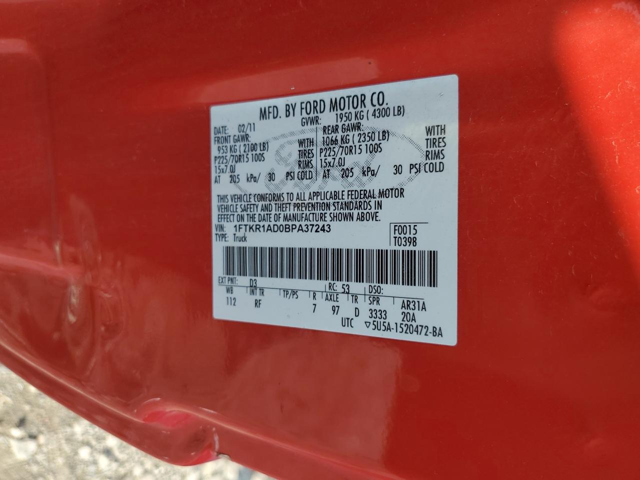 2011 Ford Ranger VIN: 1FTKR1AD0BPA37243 Lot: 62082564