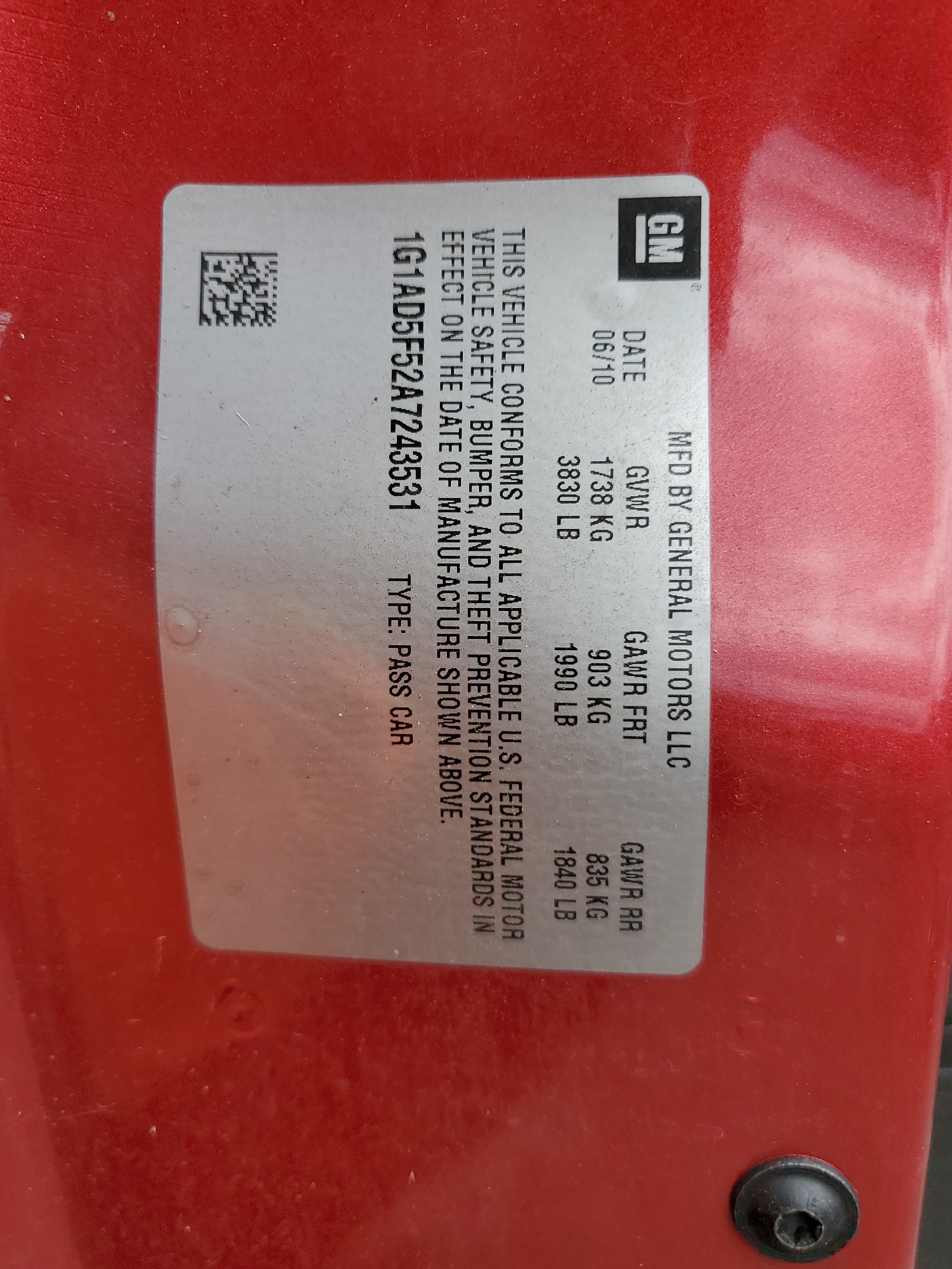 1G1AD5F52A7243531 2010 Chevrolet Cobalt 1Lt