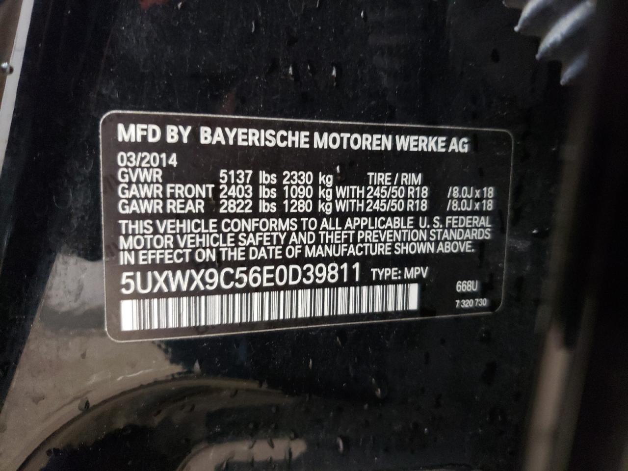 2014 BMW X3 xDrive28I VIN: 5UXWX9C56E0D39811 Lot: 63520544