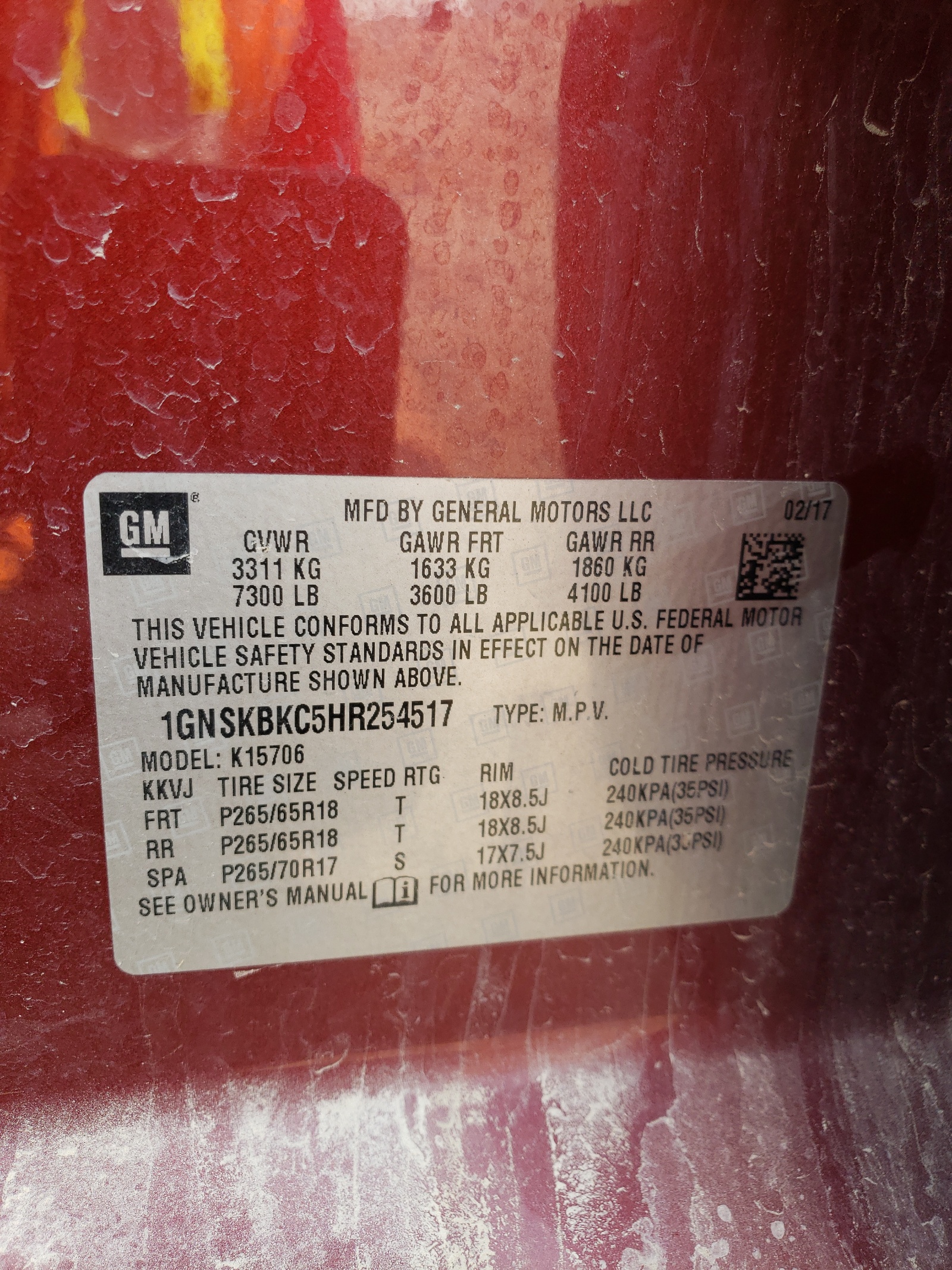 1GNSKBKC5HR254517 2017 Chevrolet Tahoe K1500 Lt