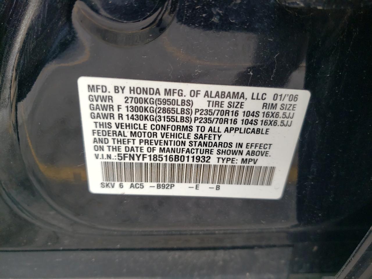 2006 Honda Pilot Ex VIN: 5FNYF18516B011932 Lot: 62318824