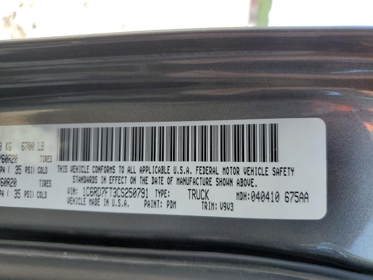 2012 Dodge Ram 1500 St VIN: 1C6RD7FT3CS250791 Lot: 61828994