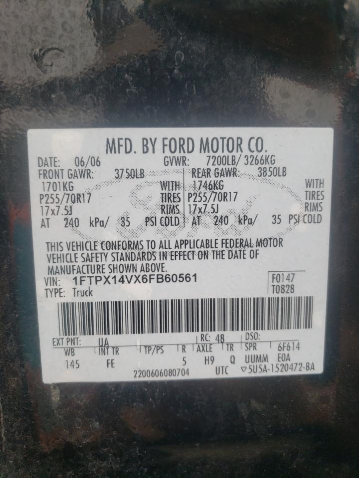 2006 Ford F150 VIN: 1FTPX14VX6FB60561 Lot: 63654564