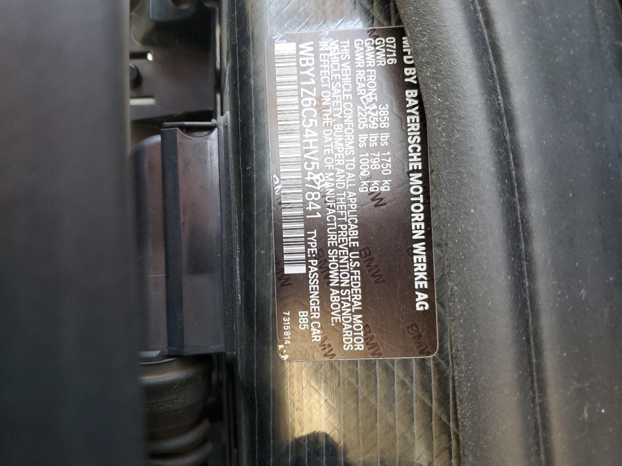 2017 BMW I3 Bev VIN: WBY1Z6C54HV547841 Lot: 62672224