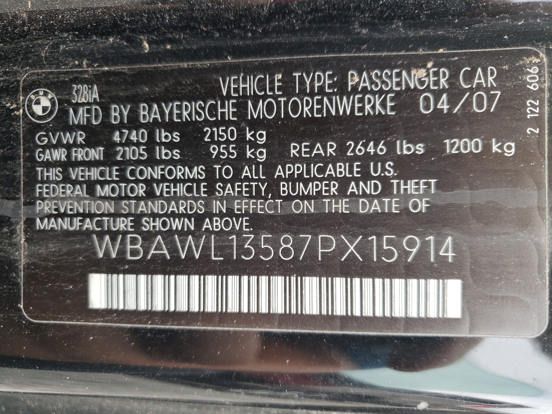 WBAWL13587PX15914 2007 BMW 328 I