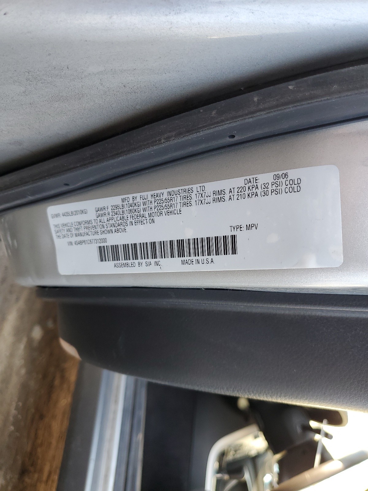 4S4BP61C677312000 2007 Subaru Outback Outback 2.5I