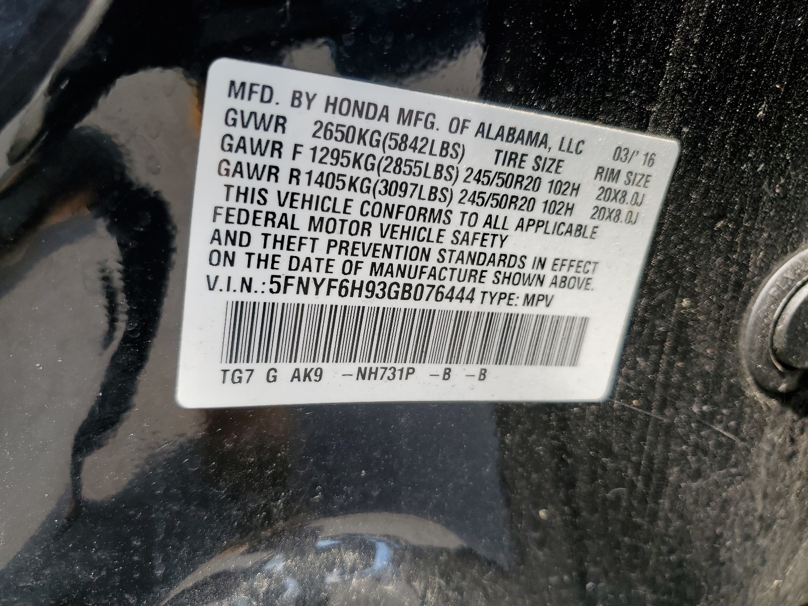 5FNYF6H93GB076444 2016 Honda Pilot Touring