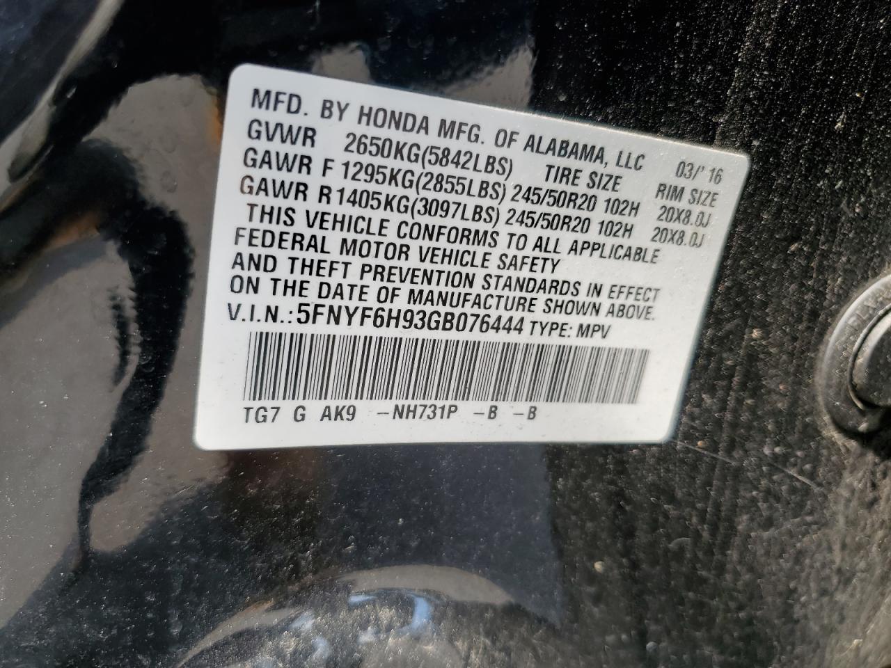 2016 Honda Pilot Touring VIN: 5FNYF6H93GB076444 Lot: 63459754