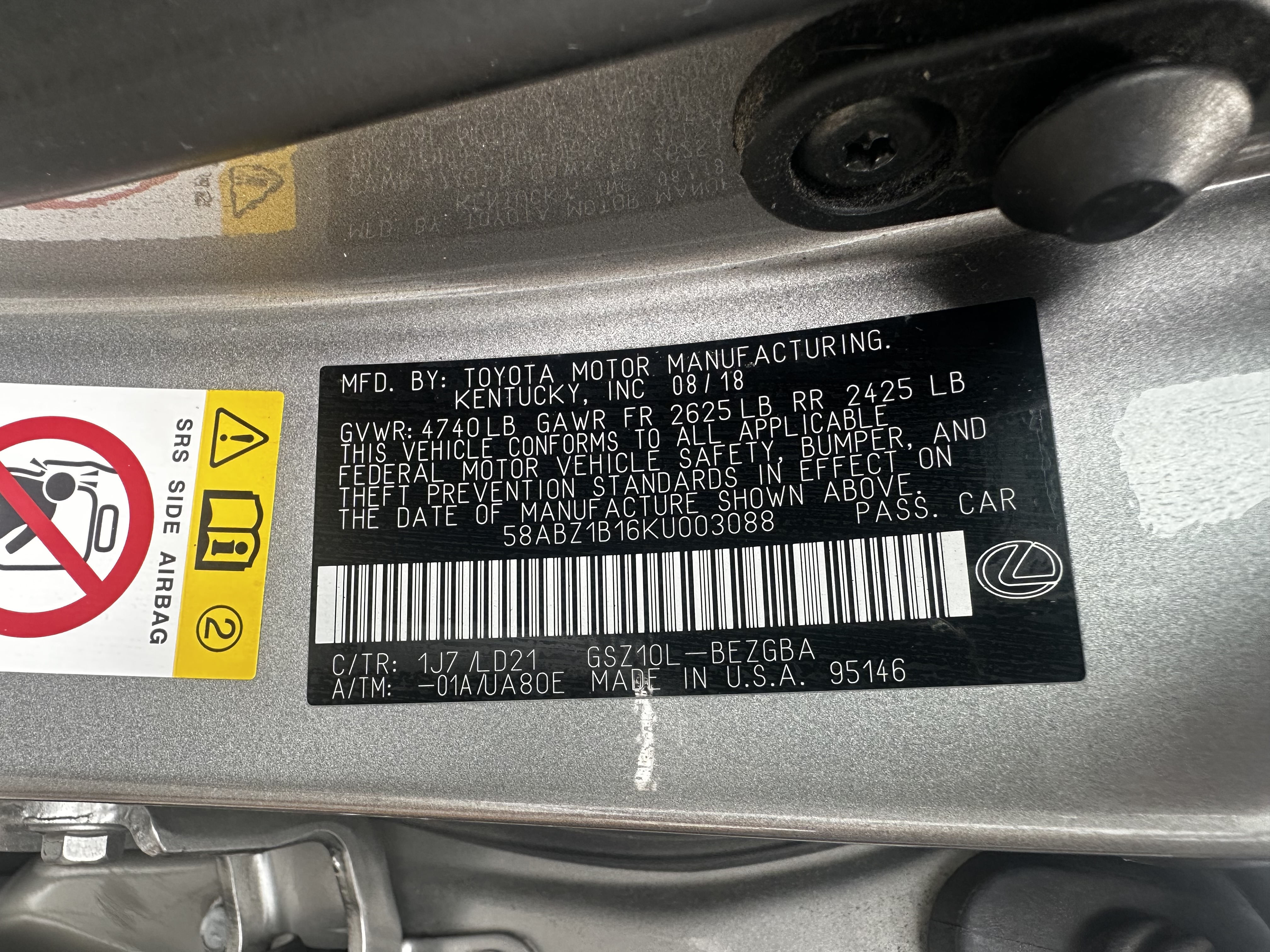 58ABZ1B16KU003088 2019 Lexus Es 350