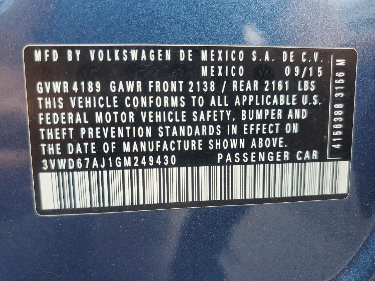 2016 Volkswagen Jetta Se VIN: 3VWD67AJ1GM249430 Lot: 63406444