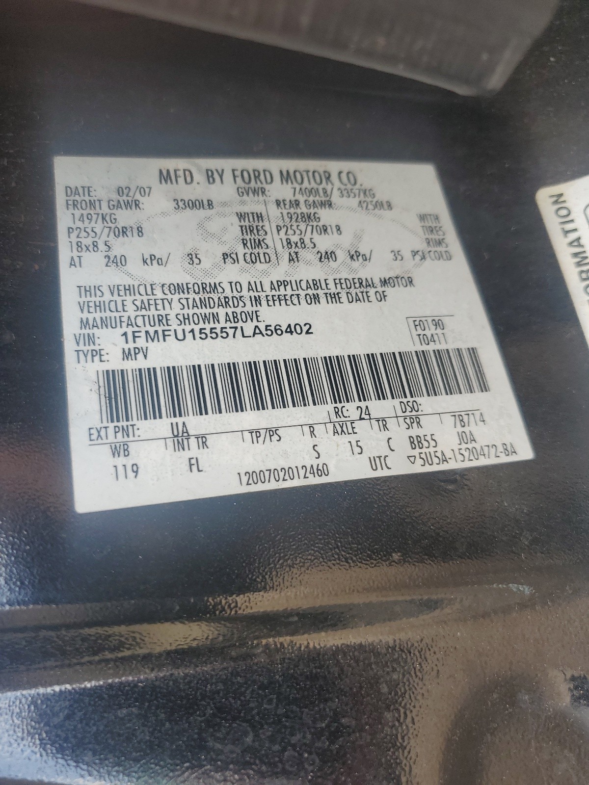 1FMFU15557LA56402 2007 Ford Expedition Xlt