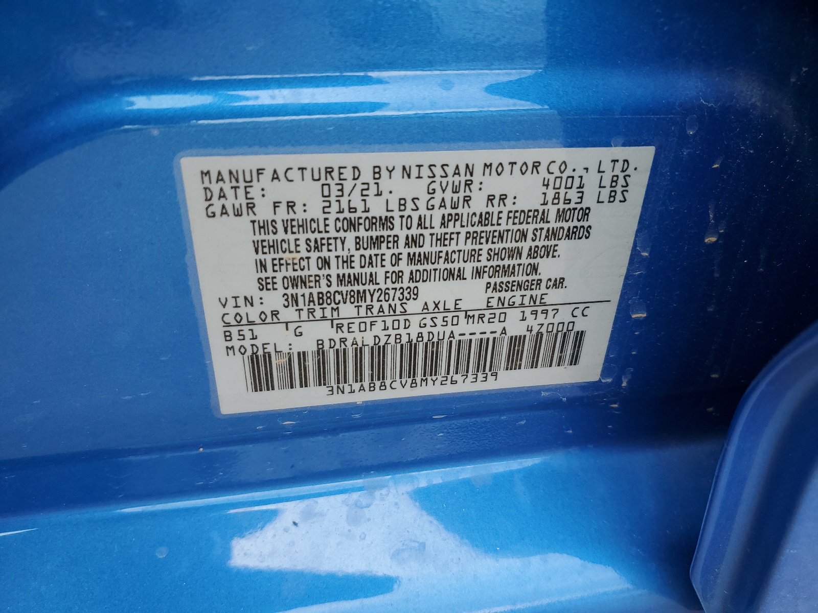 3N1AB8CV8MY267339 2021 Nissan Sentra Sv