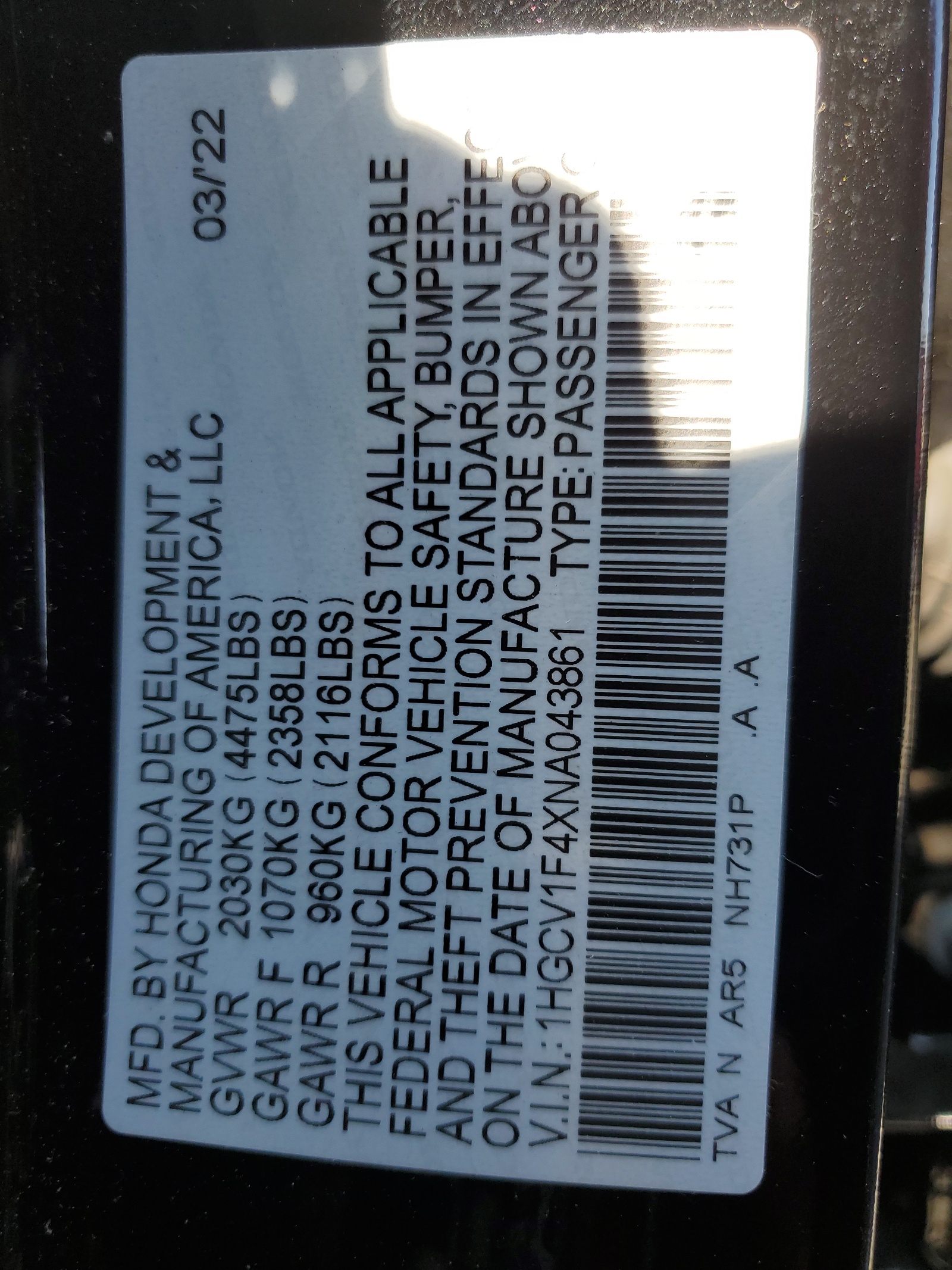 1HGCV1F4XNA043861 2022 Honda Accord Sport Se