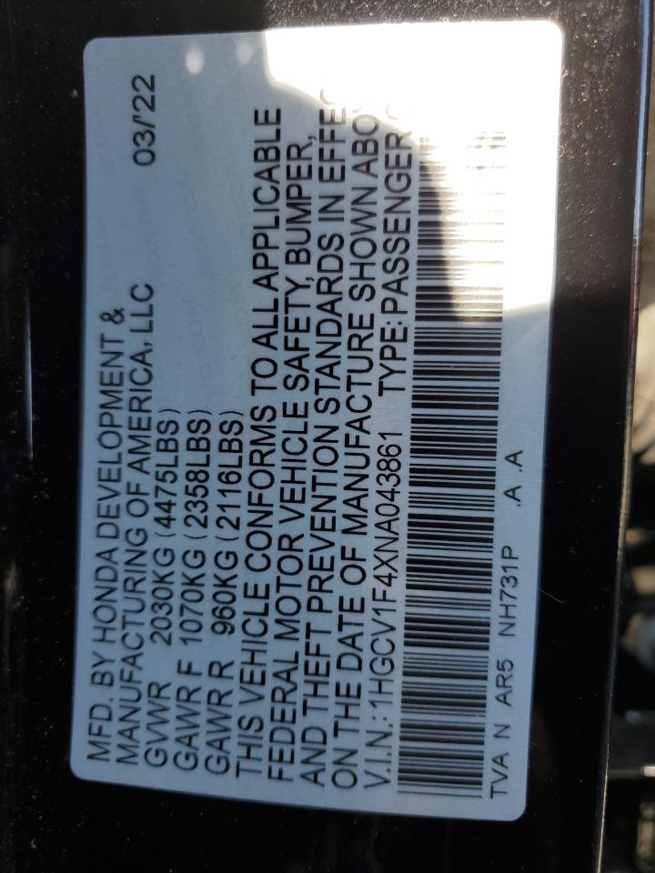 2022 Honda Accord Sport Se VIN: 1HGCV1F4XNA043861 Lot: 62355884