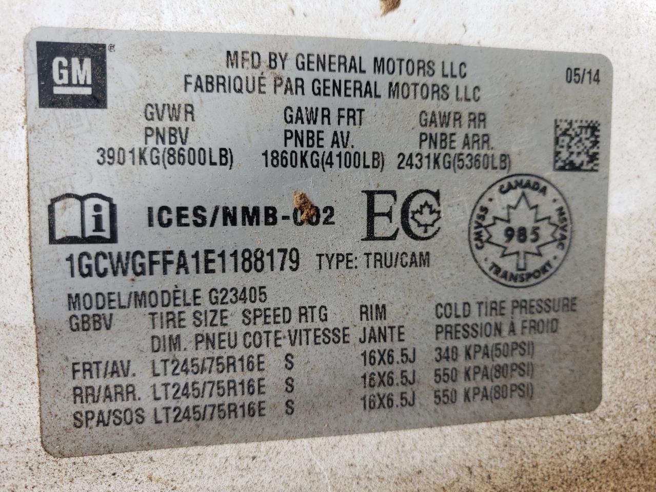 2014 Chevrolet Express G2500 VIN: 1GCWGFFA1E1188179 Lot: 63072654