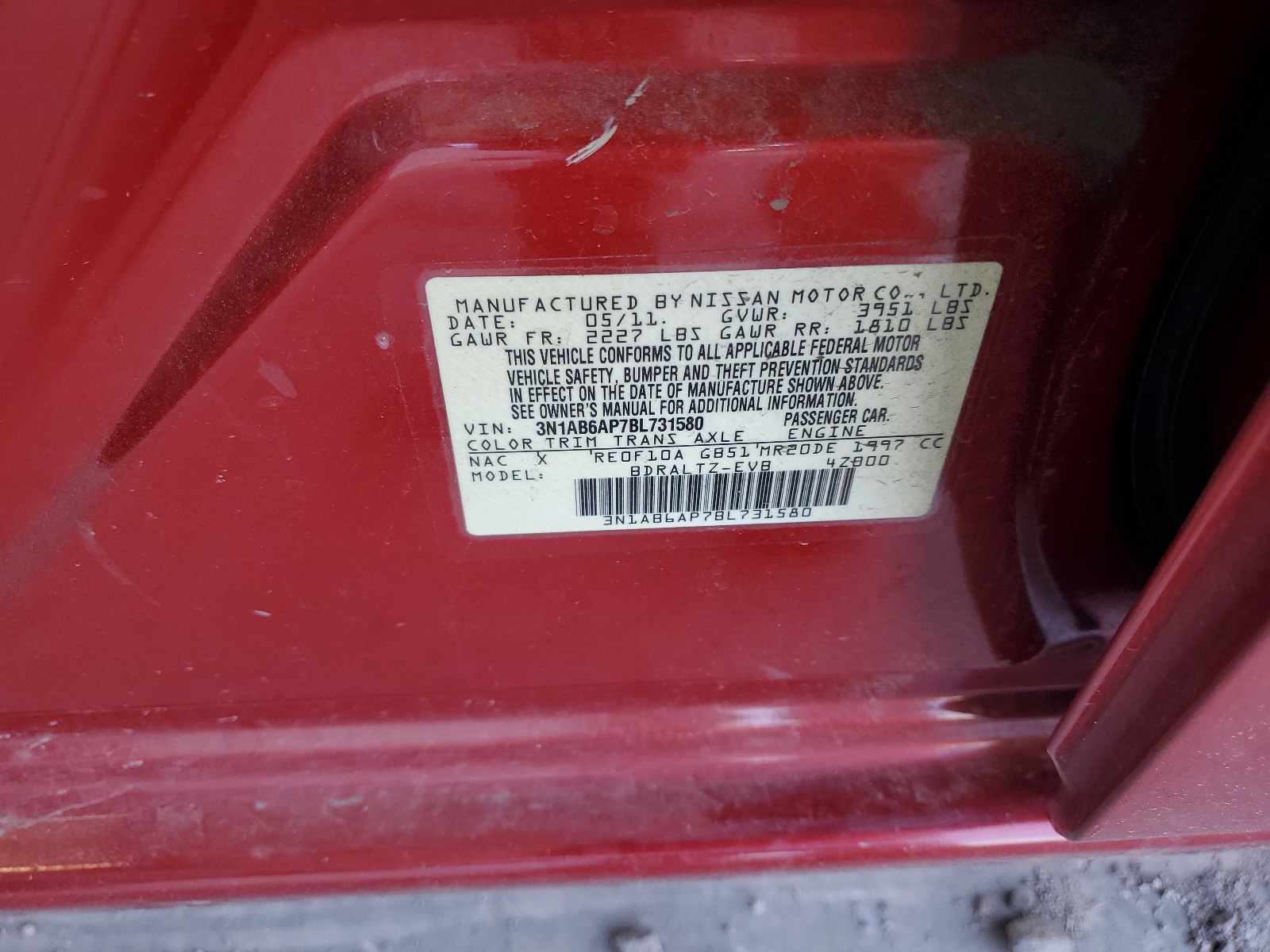 3N1AB6AP7BL731580 2011 Nissan Sentra 2.0