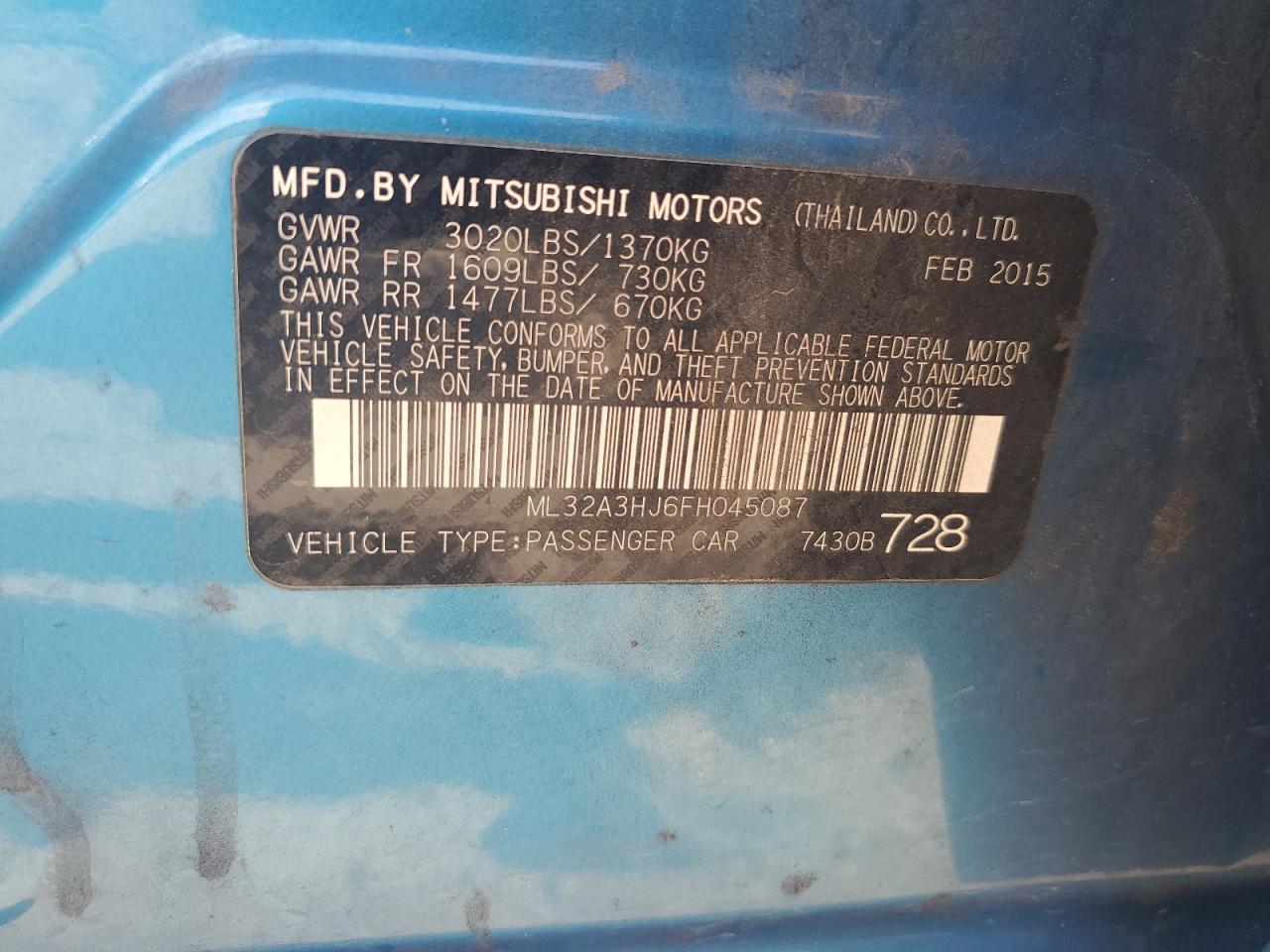 2015 Mitsubishi Mirage De VIN: ML32A3HJ6FH045087 Lot: 62675694