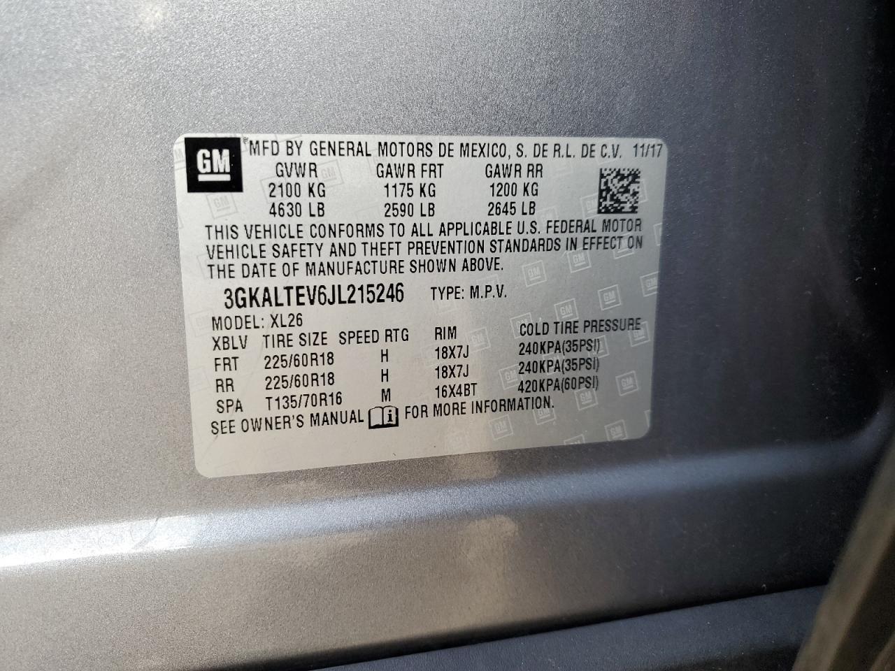 2018 GMC Terrain Sle VIN: 3GKALTEV6JL215246 Lot: 63422444