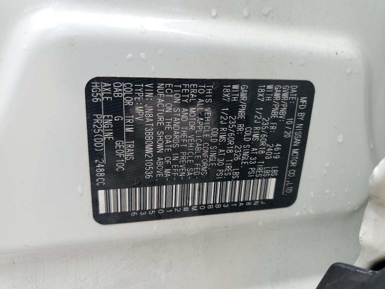 2021 Nissan Rogue Sv VIN: JN8AT3BB0MW210536 Lot: 63978444