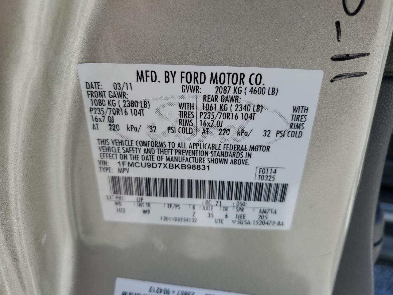 2011 Ford Escape Xlt VIN: 1FMCU9D7XBKB98831 Lot: 60760464