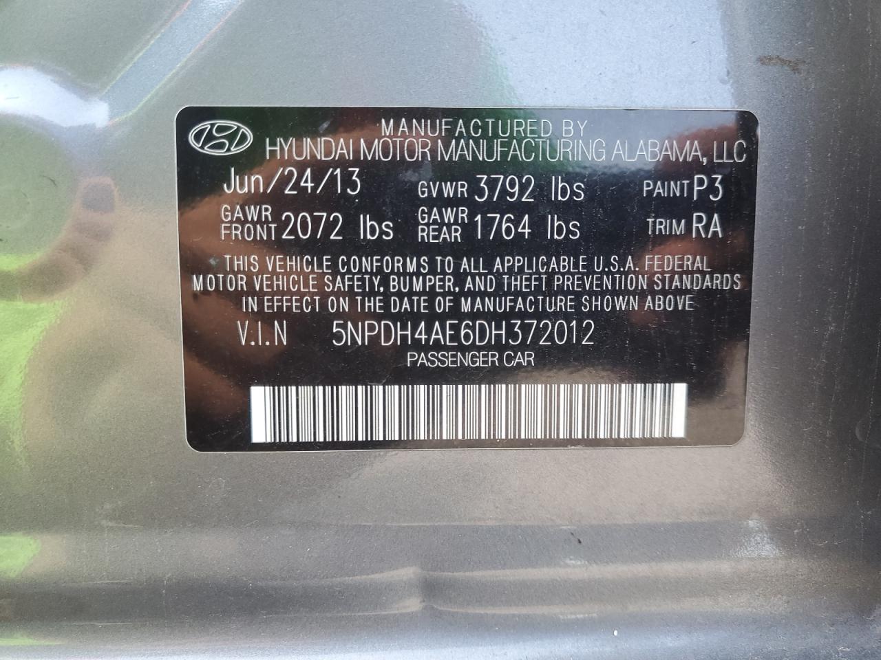 2013 Hyundai Elantra Gls VIN: 5NPDH4AE6DH372012 Lot: 63650864