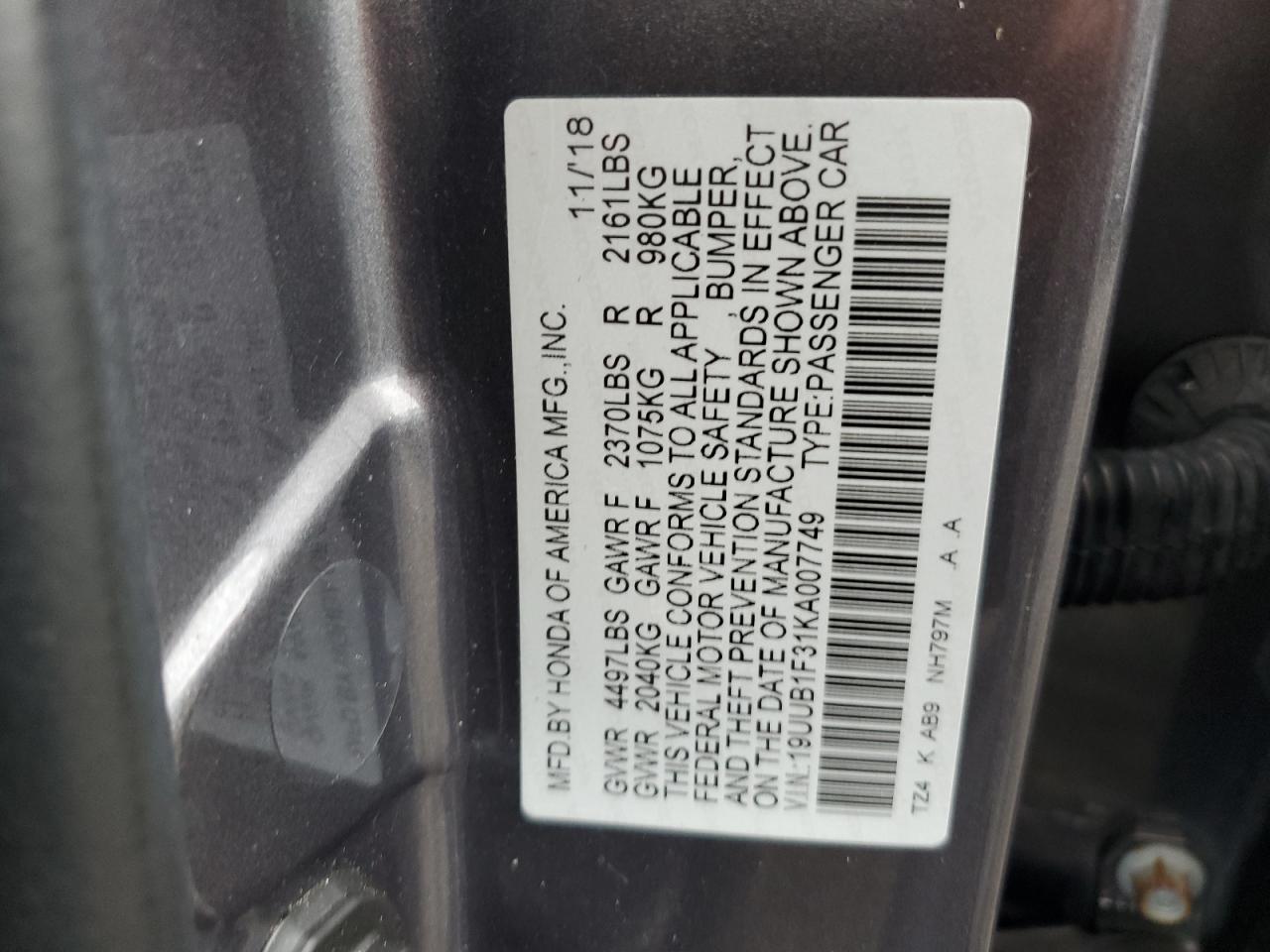 19UUB1F31KA007749 2019 Acura Tlx