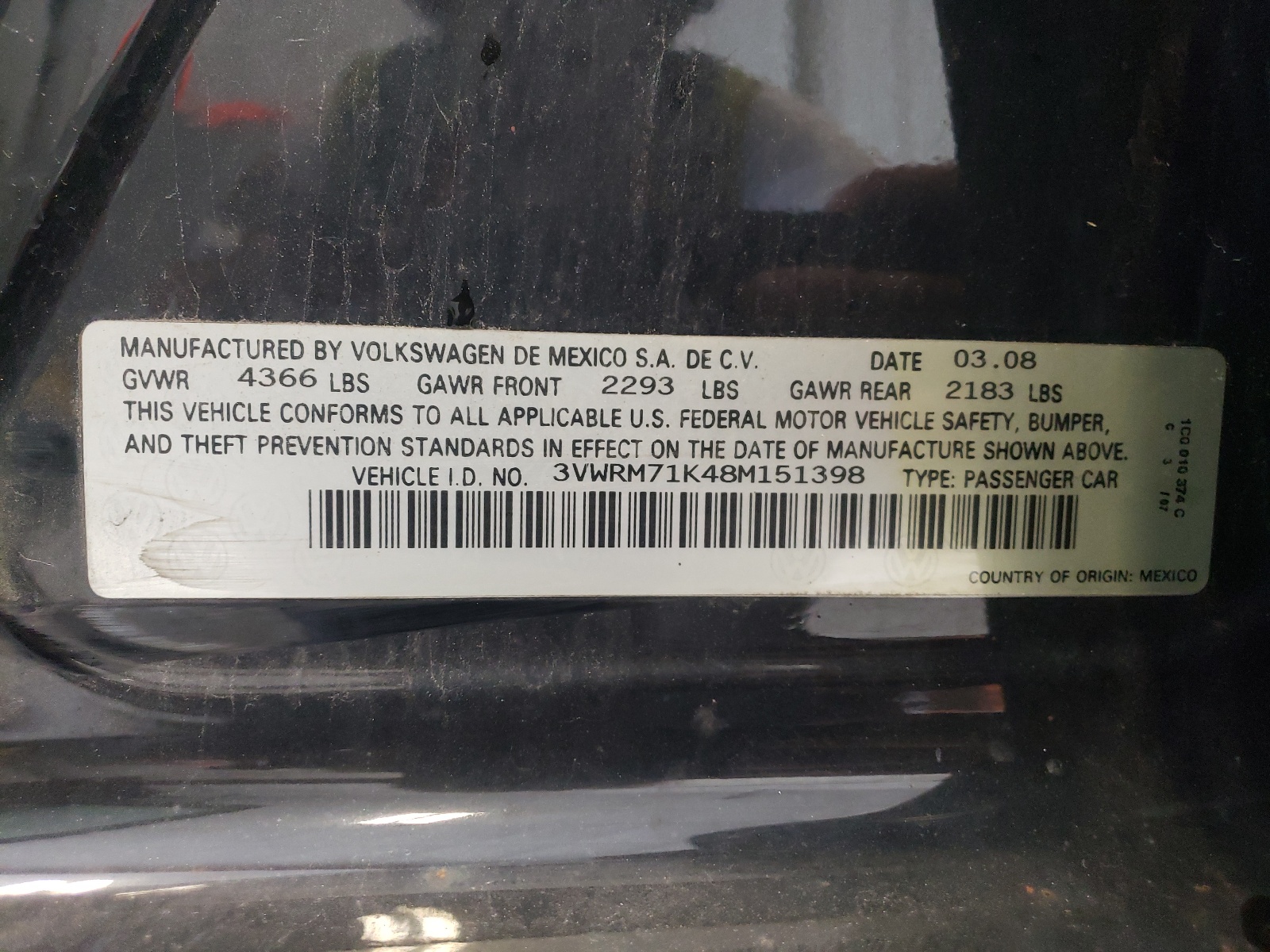 3VWRM71K48M151398 2008 Volkswagen Jetta Se