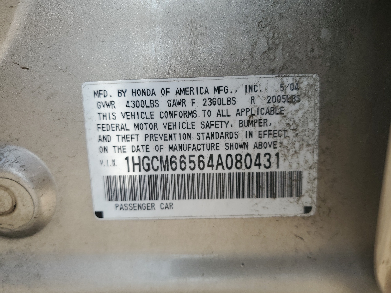 1HGCM66564A080431 2004 Honda Accord Ex