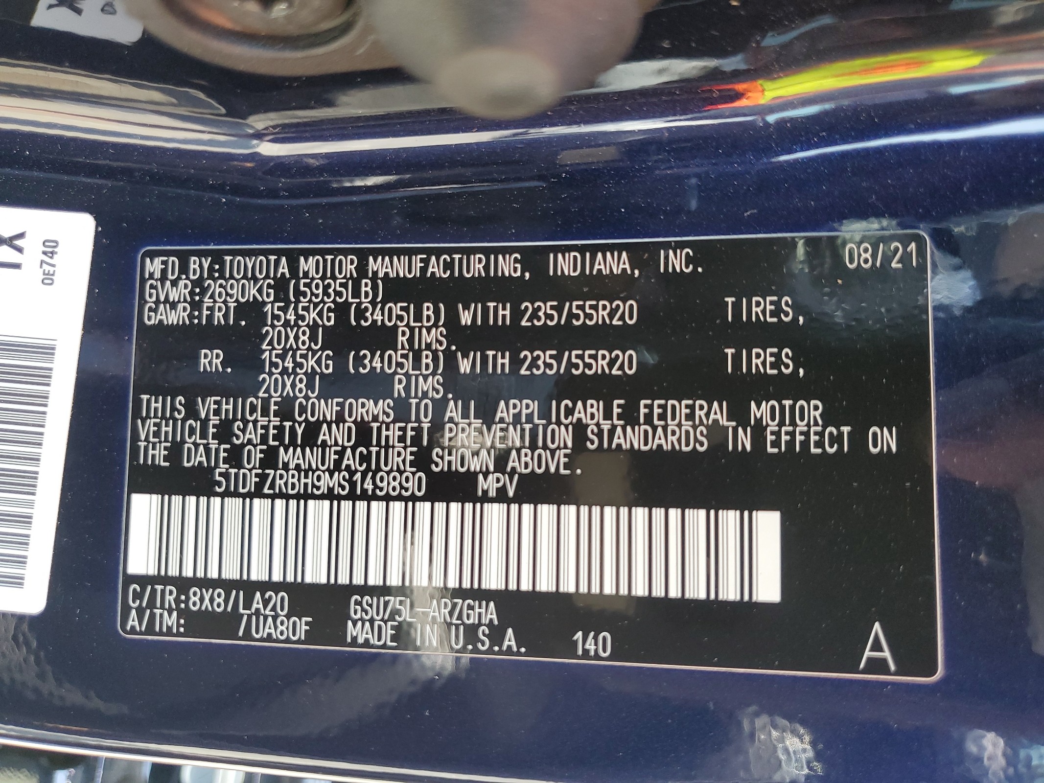 5TDFZRBH9MS149890 2021 Toyota Highlander Platinum