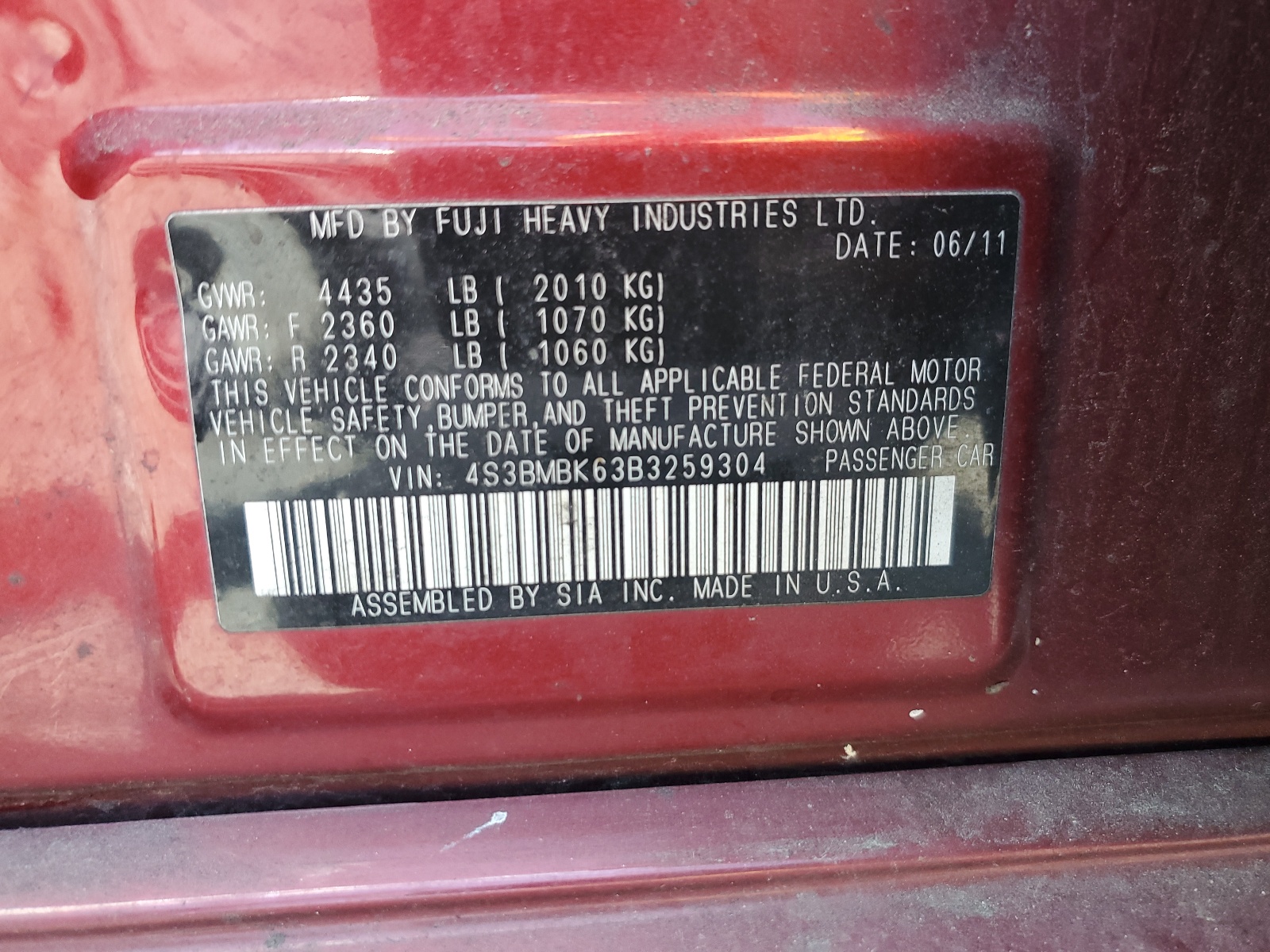 4S3BMBK63B3259304 2011 Subaru Legacy 2.5I Limited