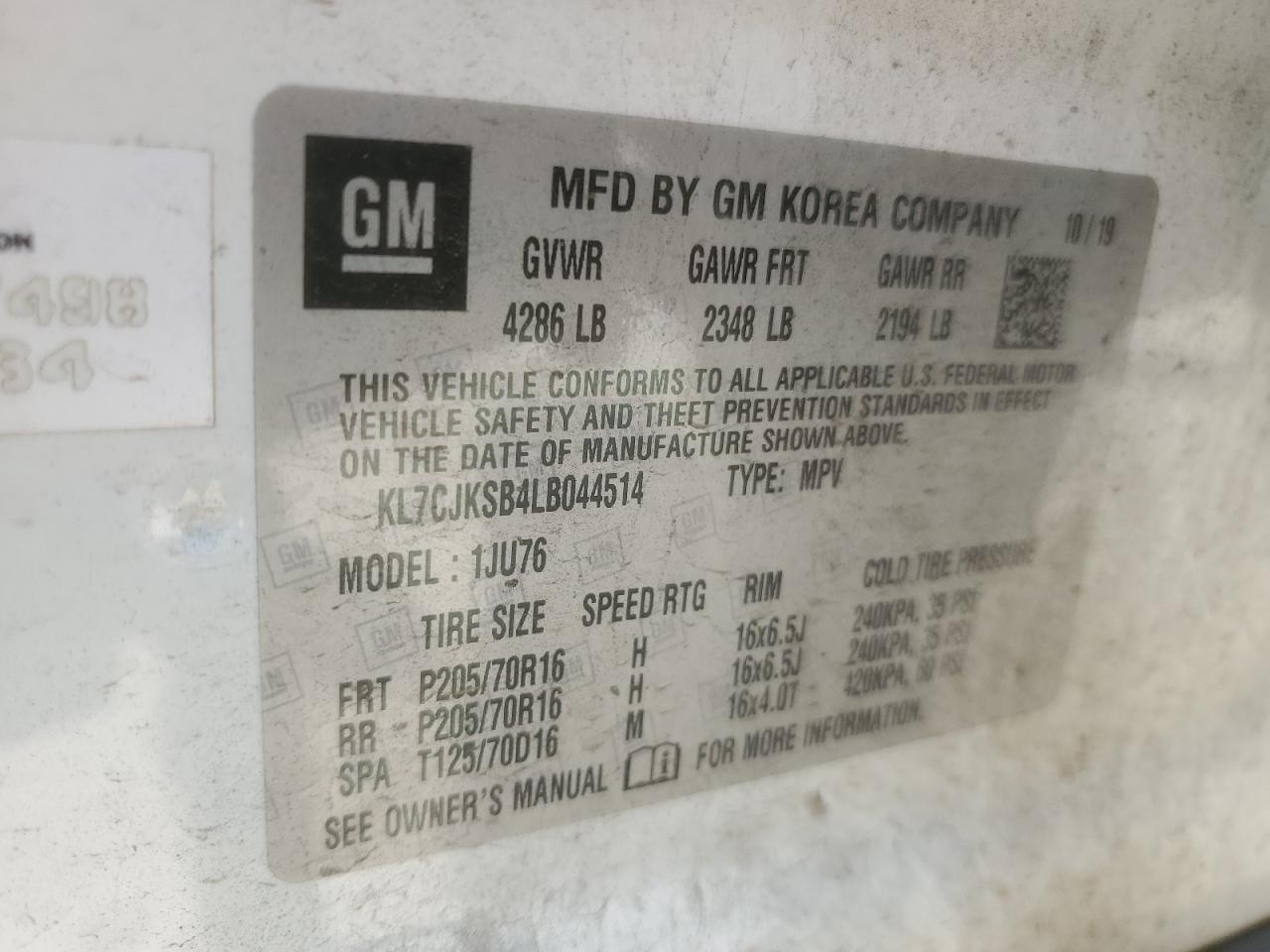 2020 Chevrolet Trax Ls VIN: KL7CJKSB4LB044514 Lot: 63677364